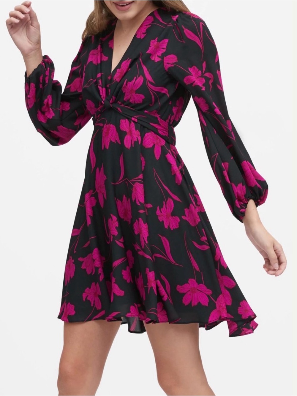 Banana Republic Black Mini Dress with Fuchsia Floral Print Size 12